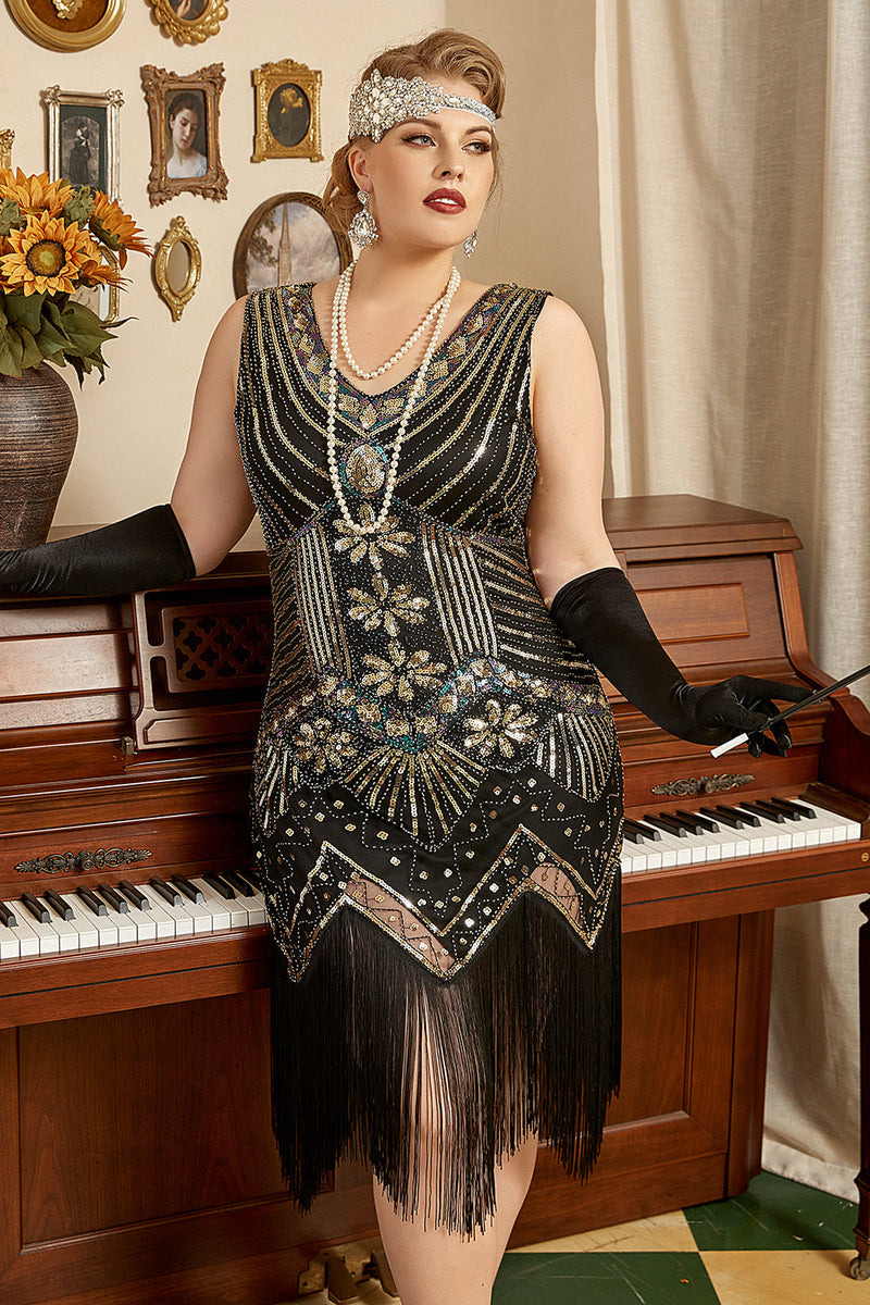 Load image into Gallery viewer, Black 1920s Plus Size Beaded Sequins Flapper Dress