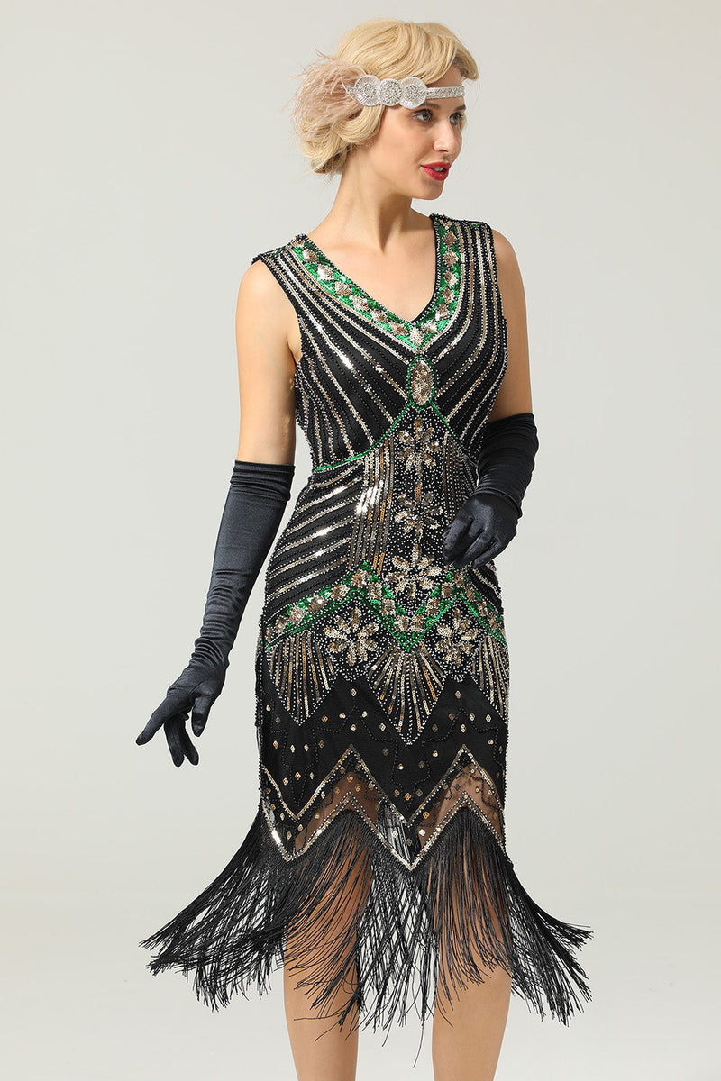 Load image into Gallery viewer, Red &amp; Black Glitter Fringe 1920s Flapper Dress