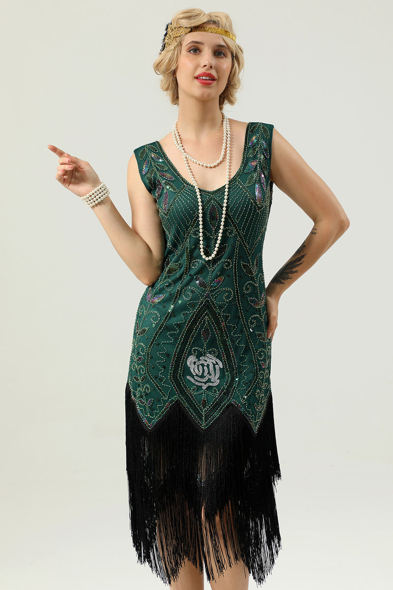 Load image into Gallery viewer, Black Sequins V-neck Glitter Fringe 1920s Dress