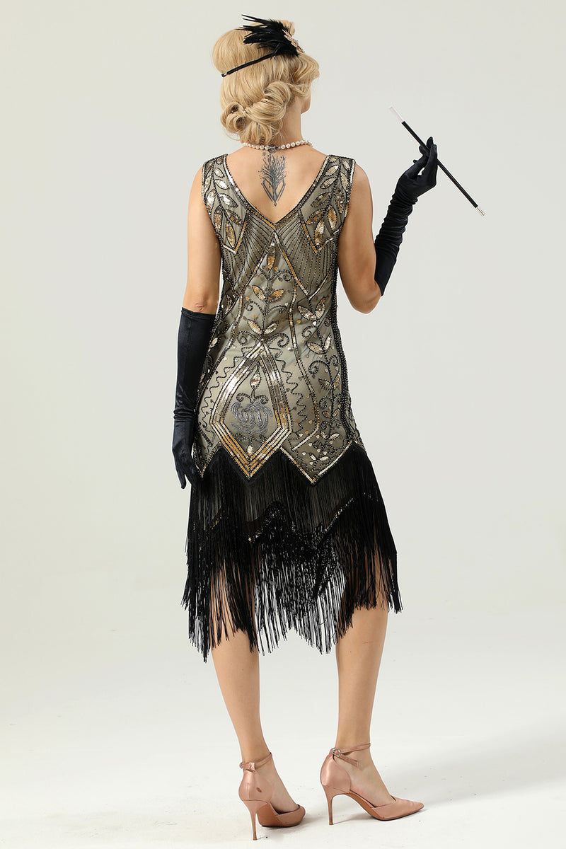Load image into Gallery viewer, Black Sequins V-neck Glitter Fringe 1920s Dress