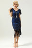 Load image into Gallery viewer, Navy Blue V Neck Sequin Fringe Flapper 1920s Dress