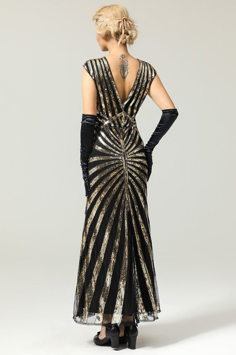 1920s Vintage Sequined Flapper Dress - Black Gold Mermaid Gatsby Party Costume, Size Small