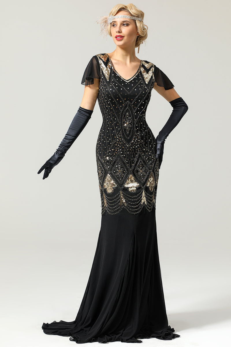 Load image into Gallery viewer, Black 1920s Sequins Flapper Long Dress