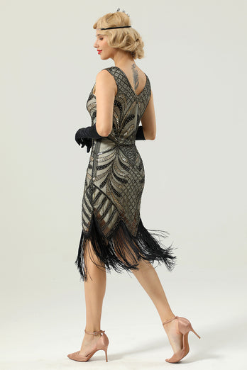 Women Black 1920s Fringe Golden Sequin Dress
