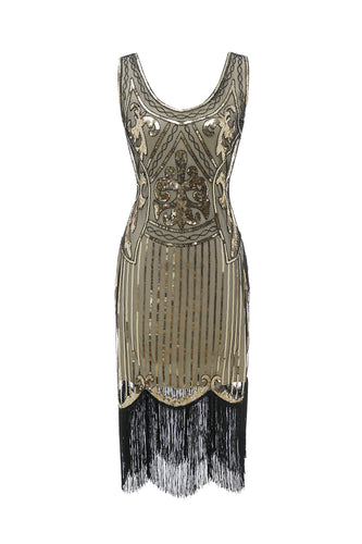 Gold V Neck 1920s Fringe Sequin Flapper Dress