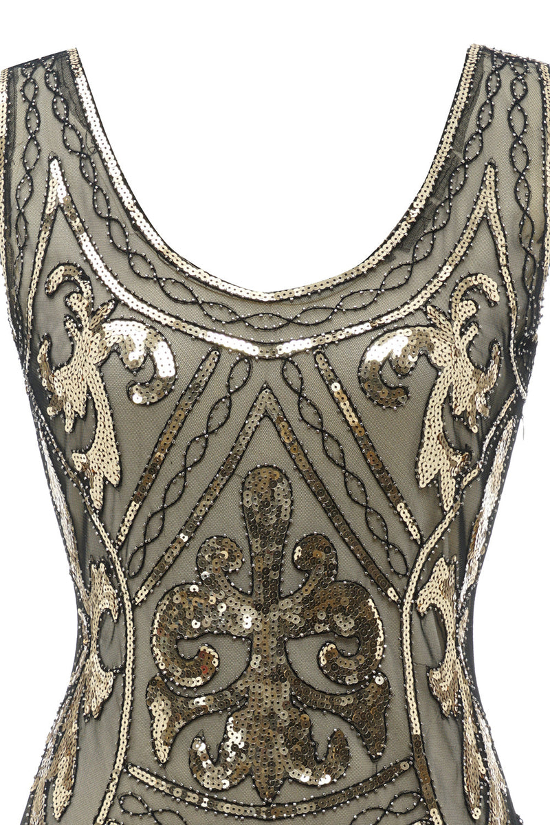 Load image into Gallery viewer, Gold V Neck 1920s Fringe Sequin Flapper Dress