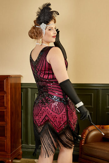 Plus Size V-Neck Fuchsia 1920s Flapper Dress