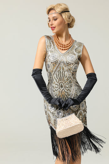 Silver 1920s Fringe Sequins Dress