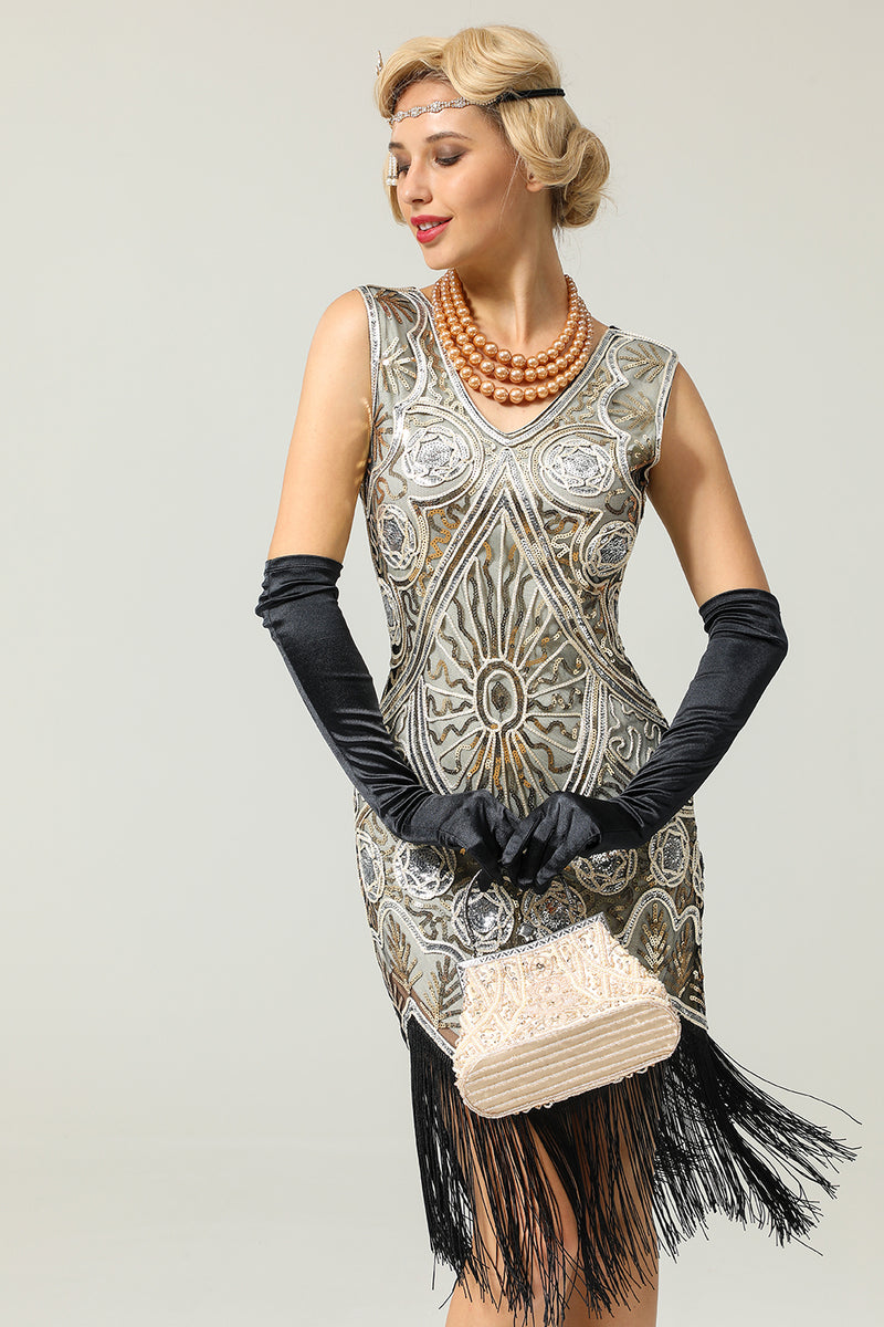 Load image into Gallery viewer, Silver 1920s Fringe Sequins Dress