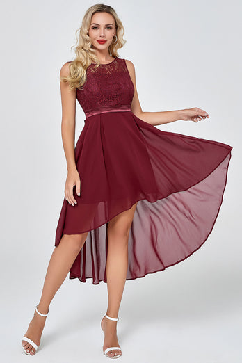 Burgundy High Low Chiffon Party Dress with Lace