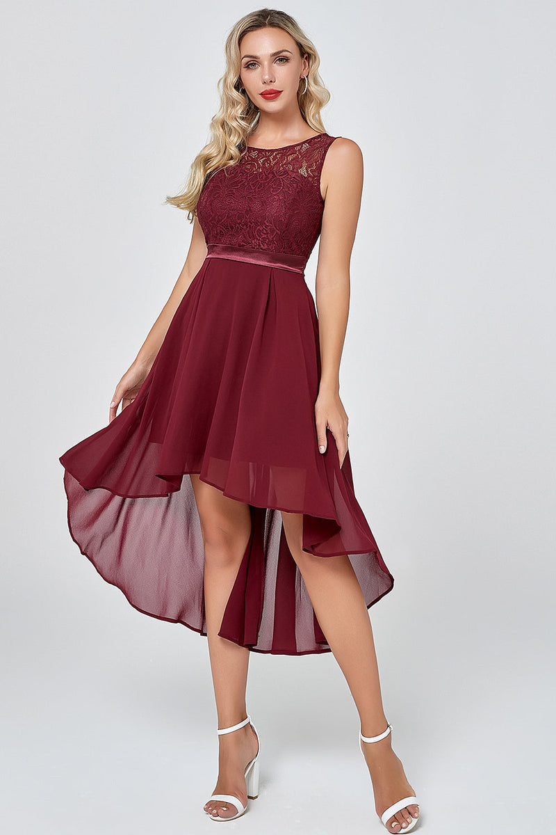 Load image into Gallery viewer, Burgundy High Low Chiffon Party Dress with Lace