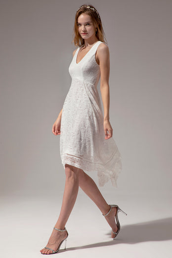 Asymmetrical White V-neck Lace Dress