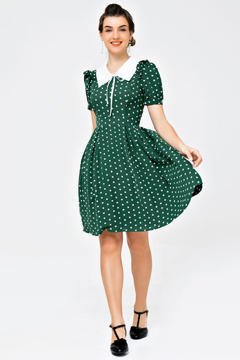 Retro Style Polka Dots Green Swing Dress