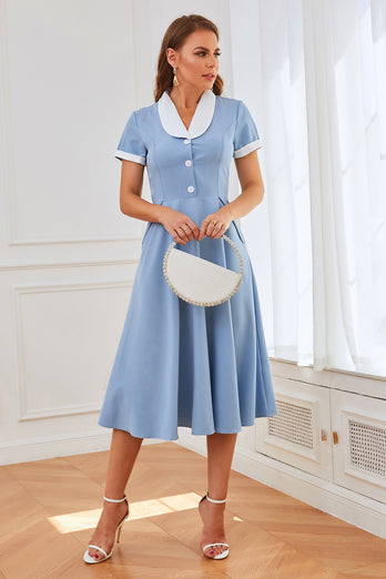 Blue 1950s Swing Dress with Pockets