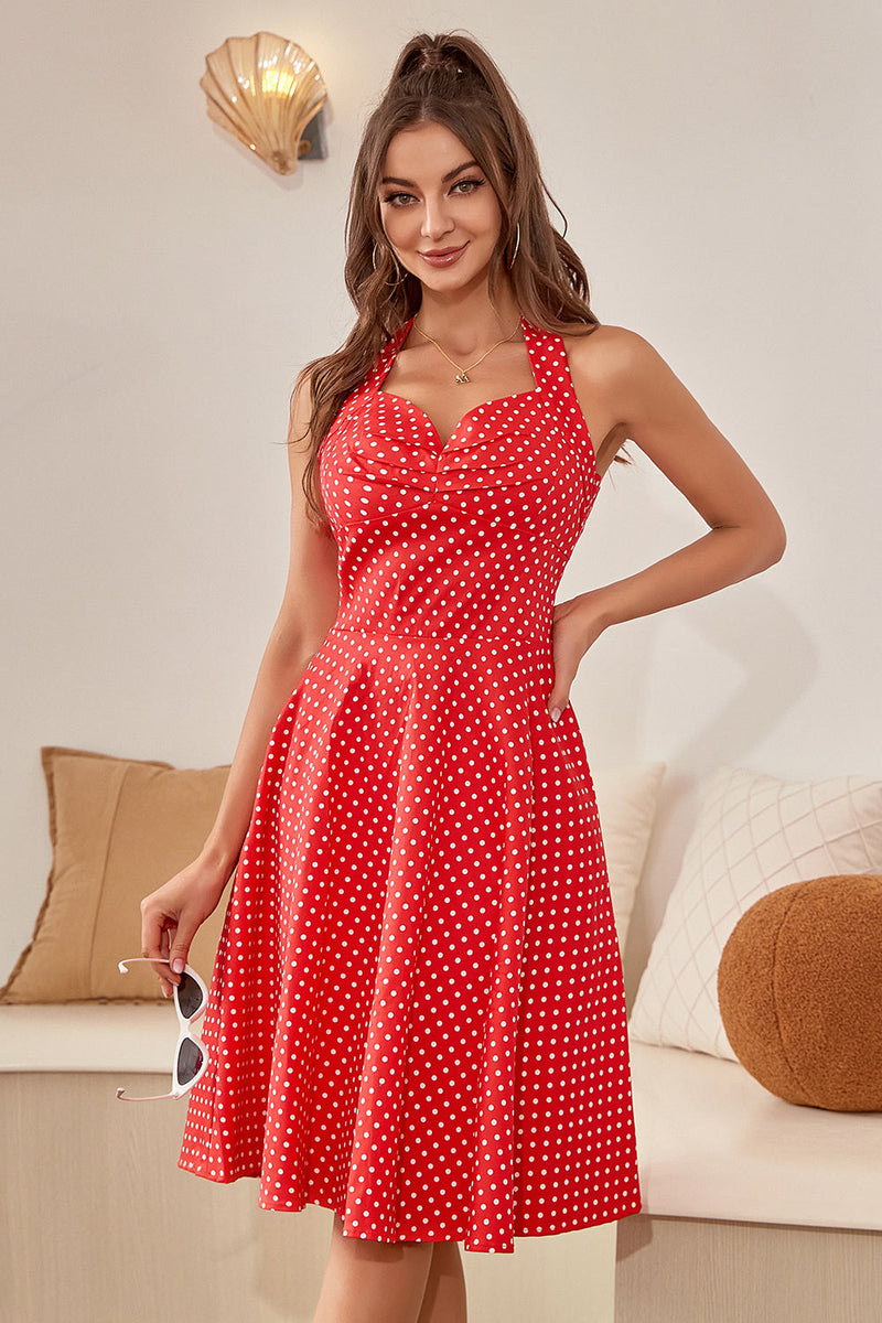 Load image into Gallery viewer, Halter Polka Dots Red 1950s Dress