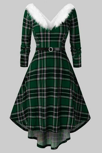 V Neck Long Sleeved Plaid Christmas Dress