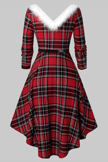 V Neck Long Sleeved Plaid Christmas Dress