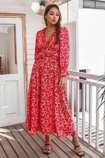 Red Floral Print Casual Dress
