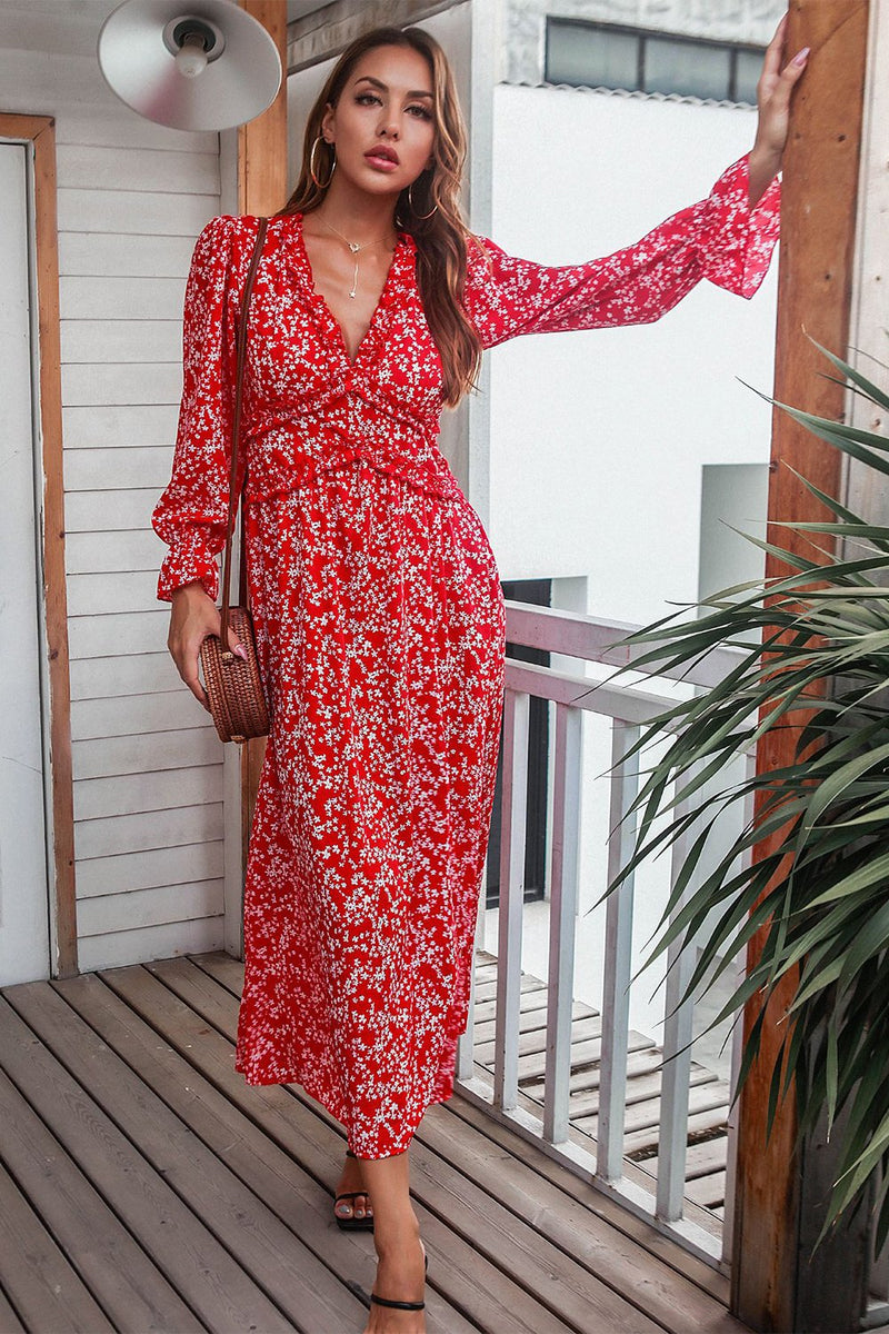 Load image into Gallery viewer, Red Floral Print Casual Dress