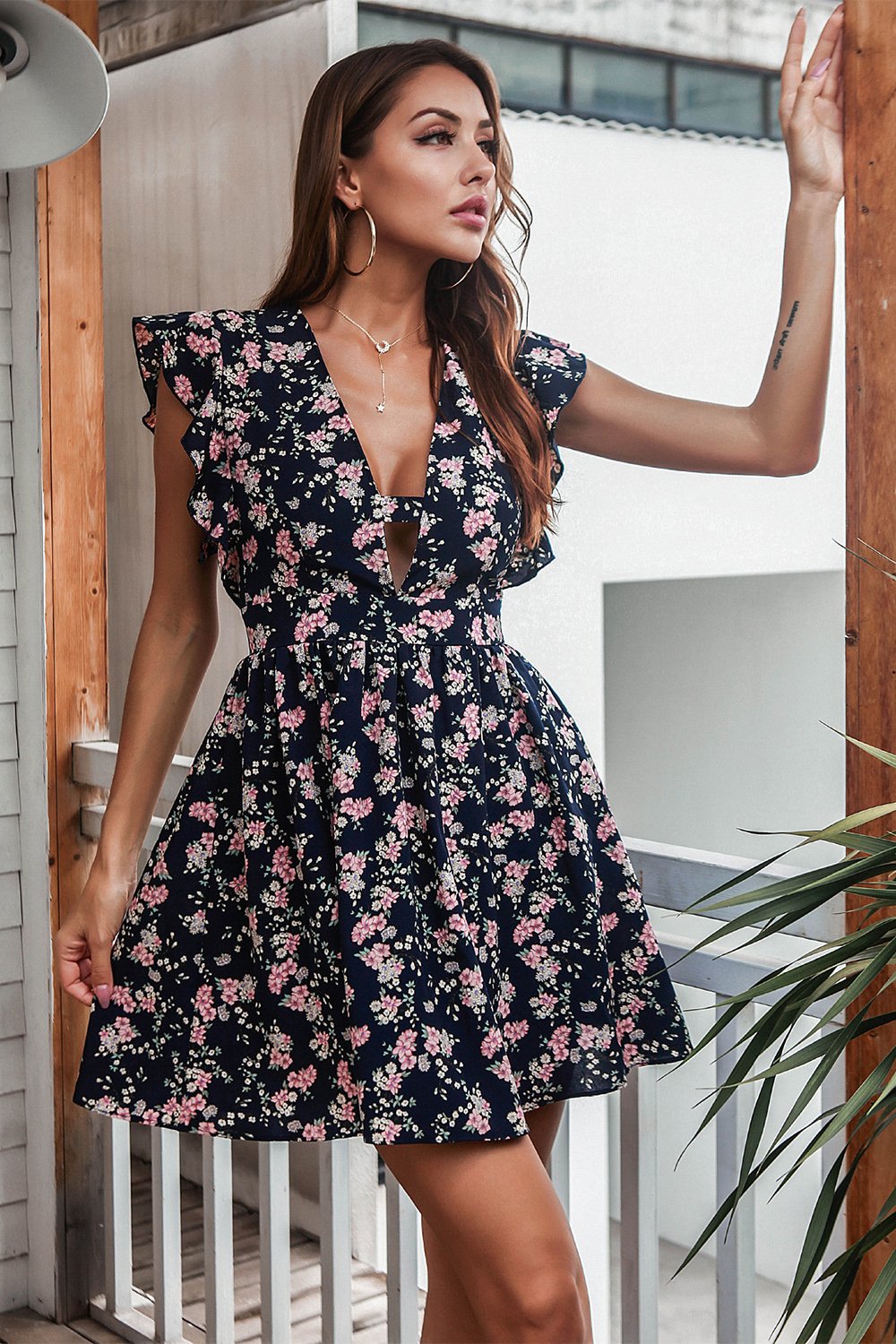 Floral Print Navy Casual Dress