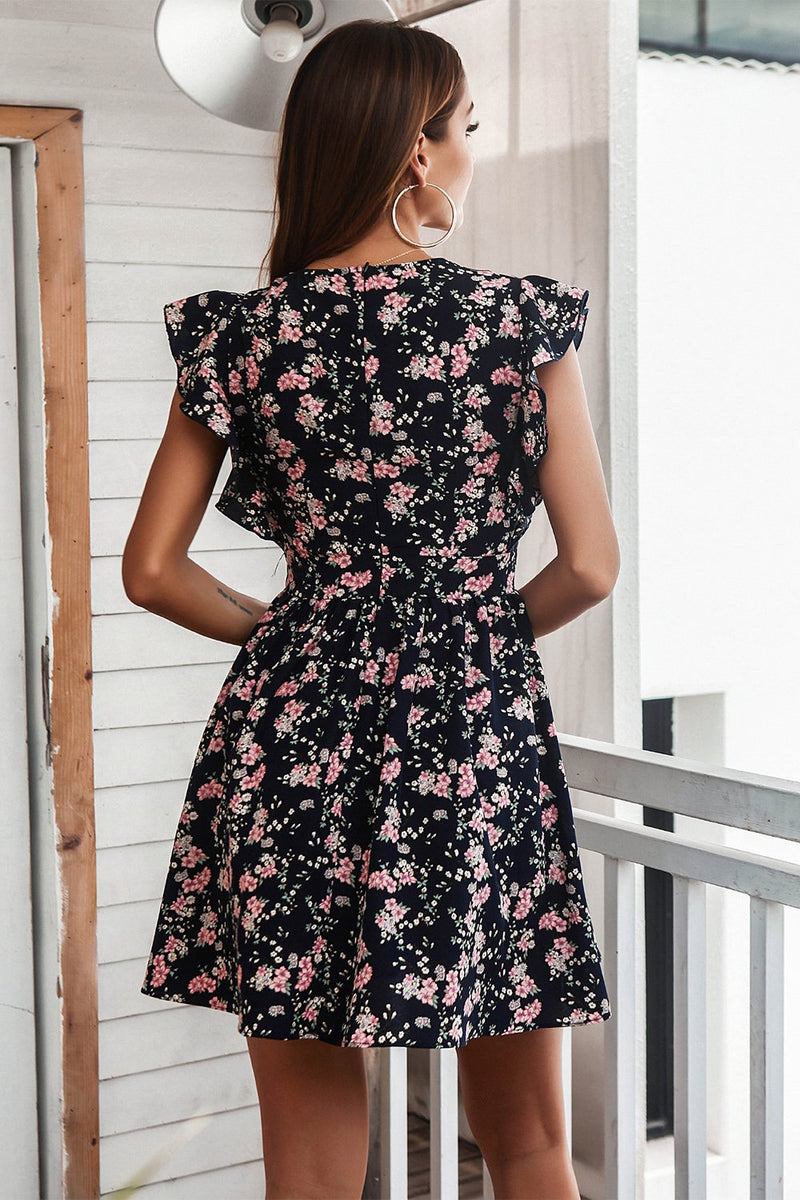 Load image into Gallery viewer, Floral Print Navy Casual Dress