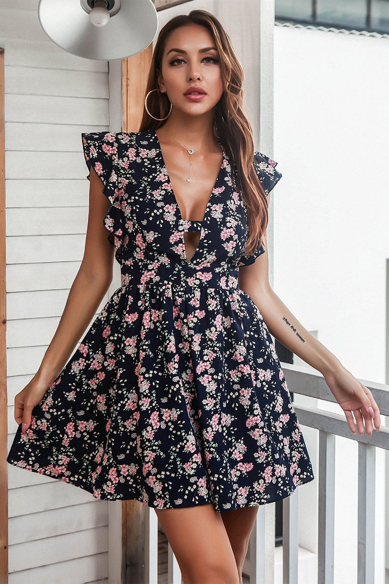 Load image into Gallery viewer, Floral Print Navy Casual Dress