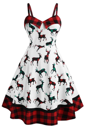 White Plaid Print Christmas Dress