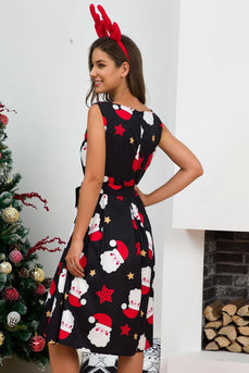 Black Snowman Printed Vintage Christmas Party Dress