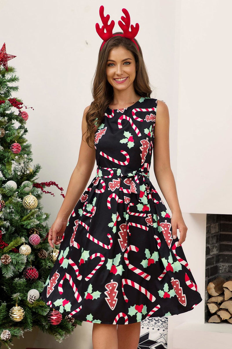 Load image into Gallery viewer, Black Snowman Printed Vintage Christmas Party Dress