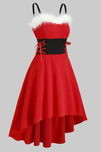 Red Vintage Christmas Party Dress with Feather