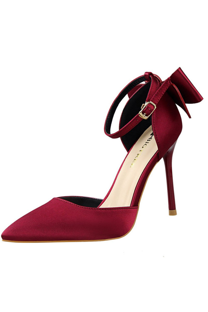 Load image into Gallery viewer, Burgundy Satin Prom Heels with Bowknot