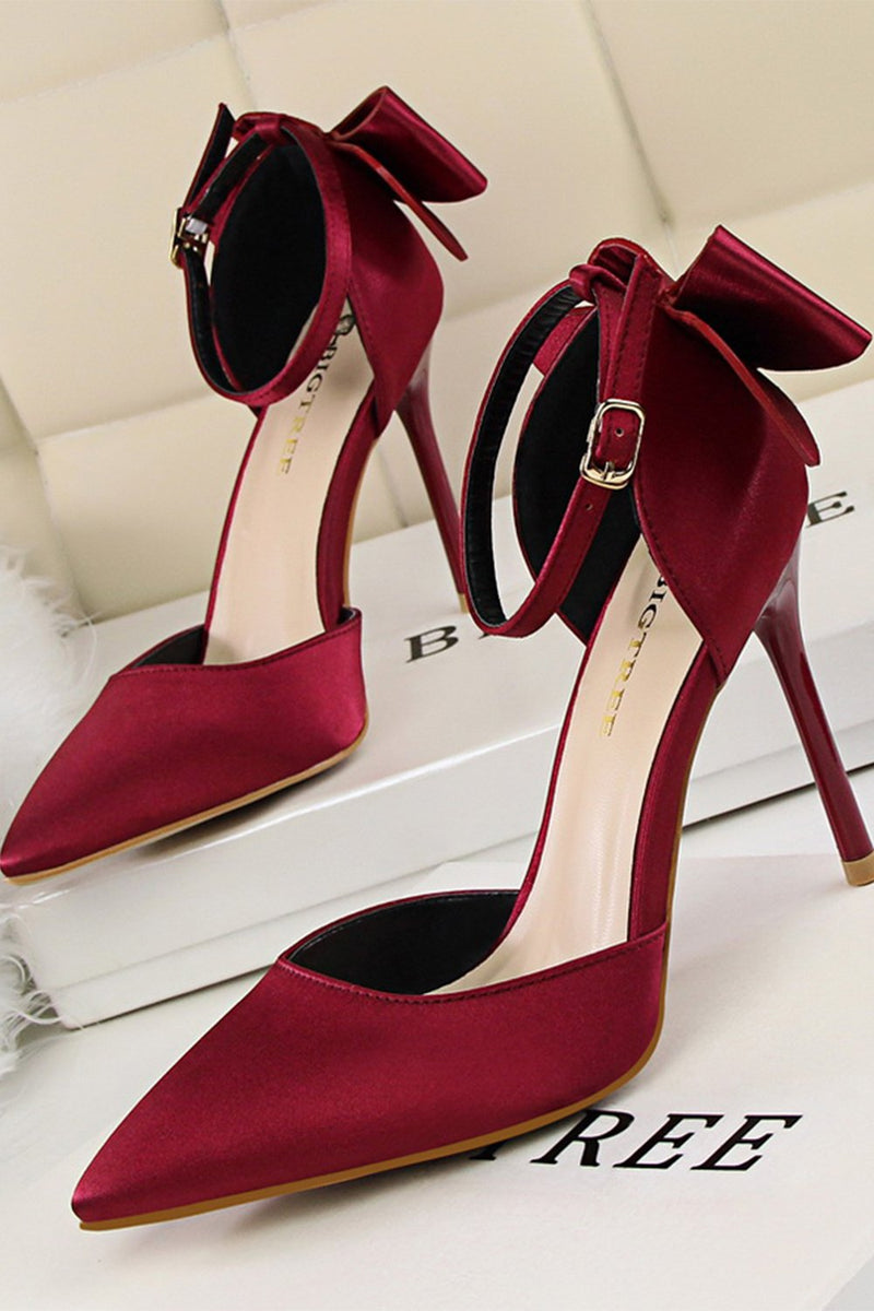 Burgundy Satin Prom Heels with Bowknot | KissProm