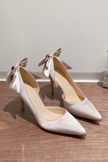 Satin Pumps Stiletto Heels with Bowknot