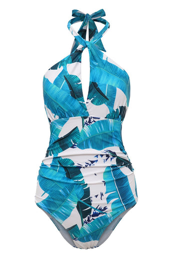 Blue Halter Printed Swimwear with Keyhole