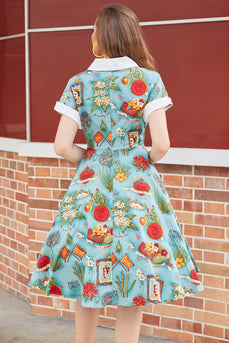 V Neck Printed 1950s Dress Short Sleeves