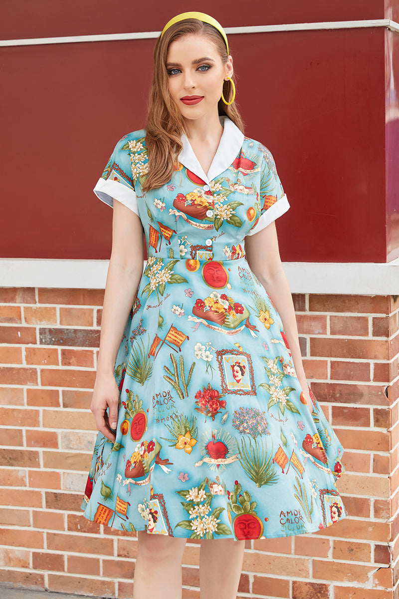 Load image into Gallery viewer, V Neck Printed 1950s Dress Short Sleeves
