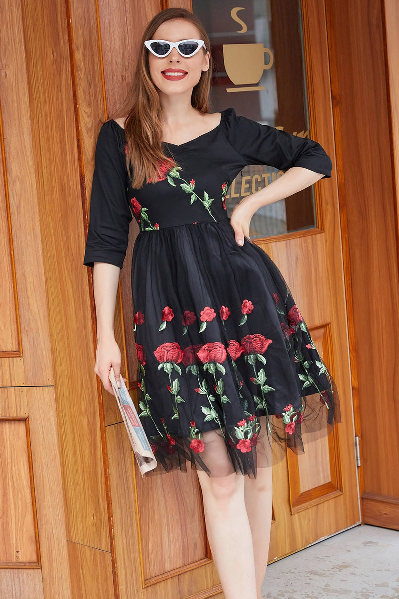 Load image into Gallery viewer, Black V Neck Vintage Dress with Rose Embroidery