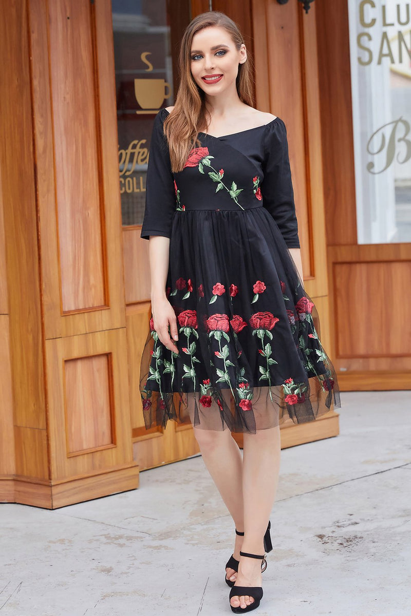 Load image into Gallery viewer, Black V Neck Vintage Dress with Rose Embroidery