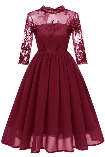 Burgundy Long Sleeves Lace Dress