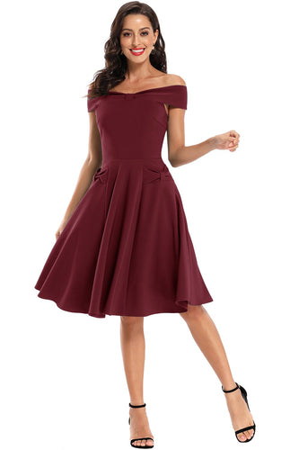 Burgundy Off Shoulder 1950s Dress