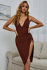 Load image into Gallery viewer, Deep V Neck Apricot Cocktail Dress with Slit