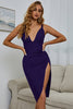 Load image into Gallery viewer, Deep V Neck Apricot Cocktail Dress with Slit