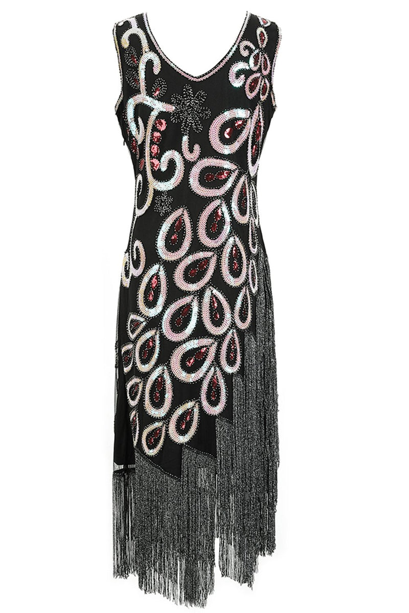 Load image into Gallery viewer, Black Asymmetrical V Neck 1920s Flapper Dress