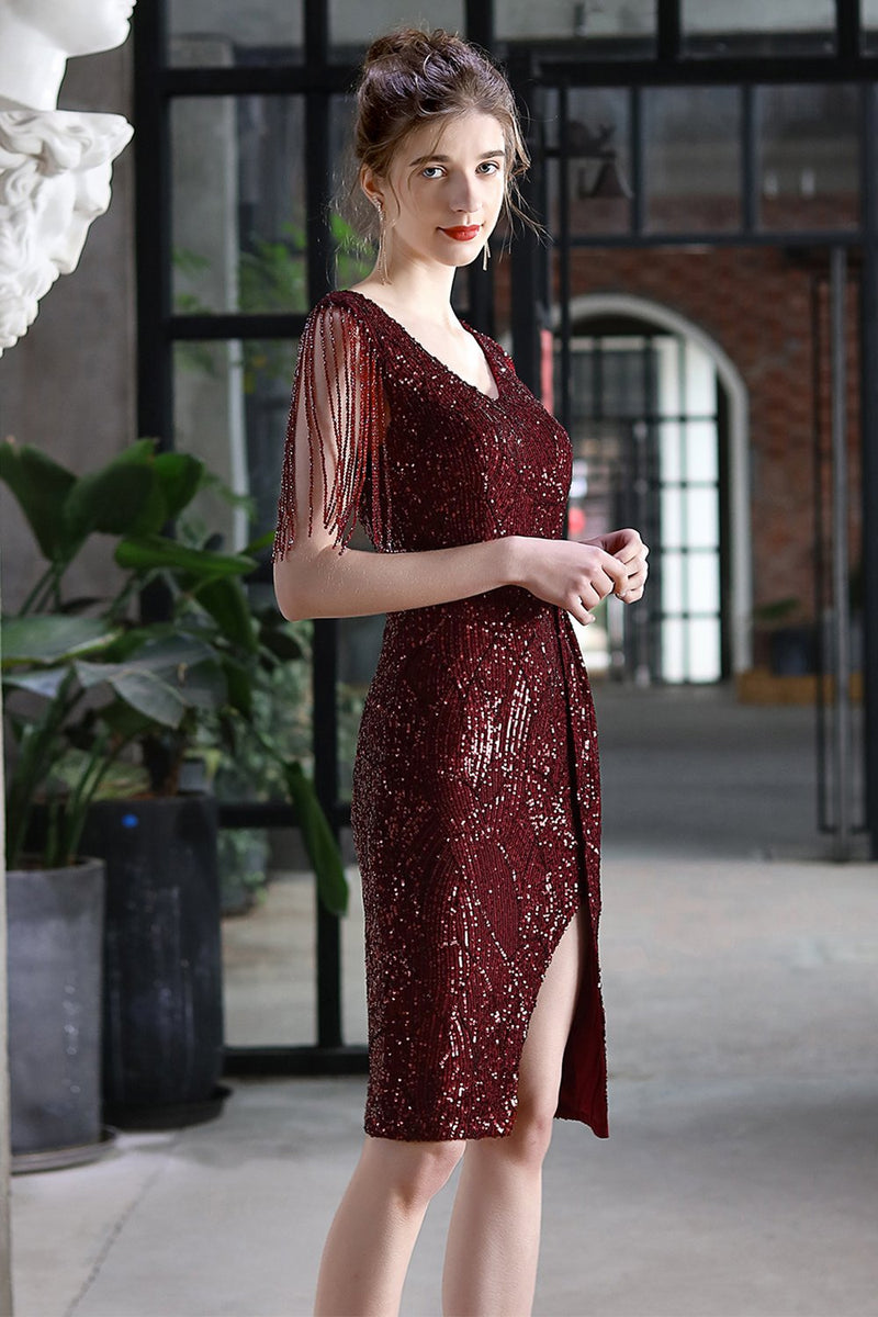 Load image into Gallery viewer, Burgundy Bodycon Sequin Cocktail Party Dress with Fringe