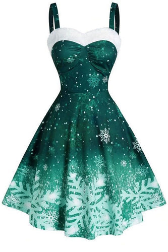 Green Christmas Snowflake Print Vintage Dress
