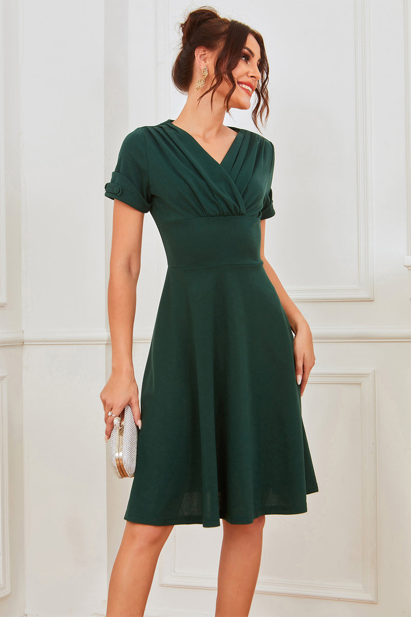 Load image into Gallery viewer, V Neck Dark Green Pleated Waist Vintage Dress