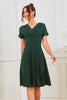 Load image into Gallery viewer, V Neck Dark Green Pleated Waist Vintage Dress