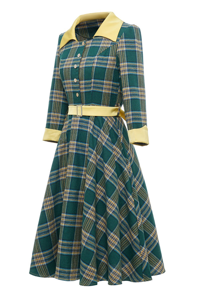 Load image into Gallery viewer, Green Plaid Fall Vintage Dress