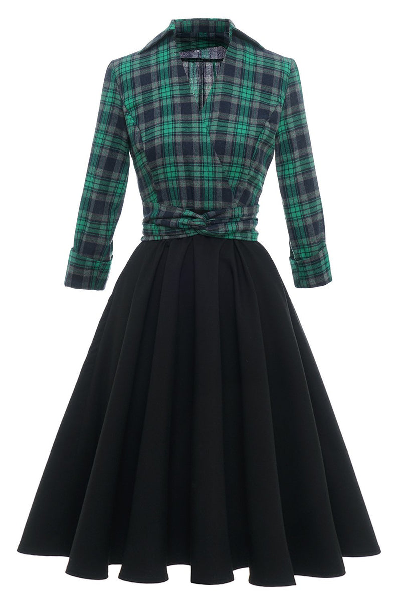 Load image into Gallery viewer, Green Plaid Vintage Dress with Long Sleeves