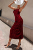 Load image into Gallery viewer, Burgundy Velvet Party Dress with Slit